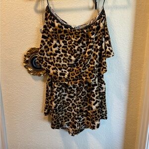 Davi & Dani Leopard Print Strapless Romper in Black and Brown